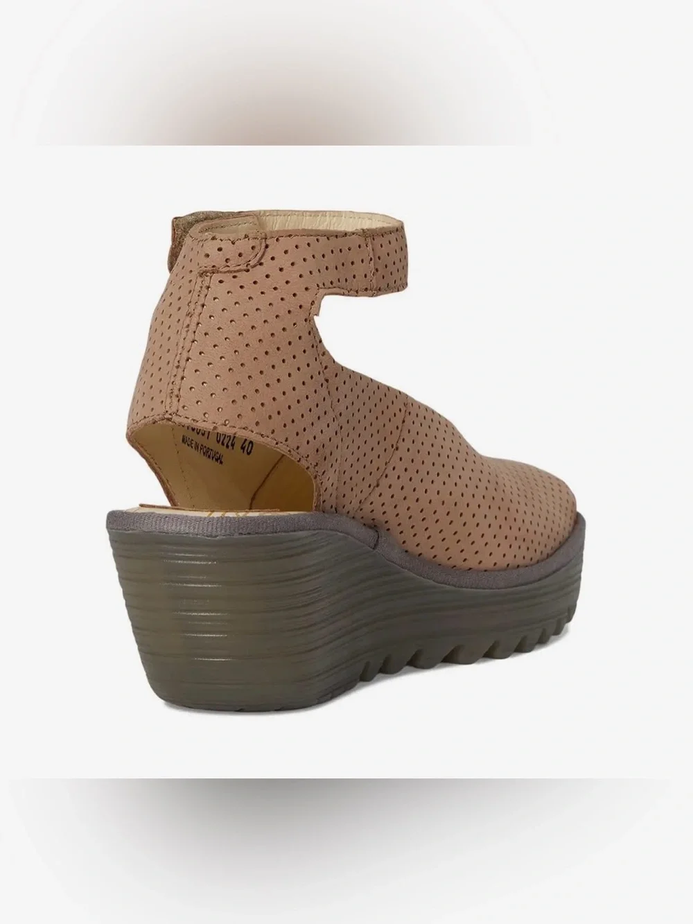 Fly London Yala Perf Platform Wedge Peep-Toe Ankle Strap Sandal - Taupe 39(8.5)